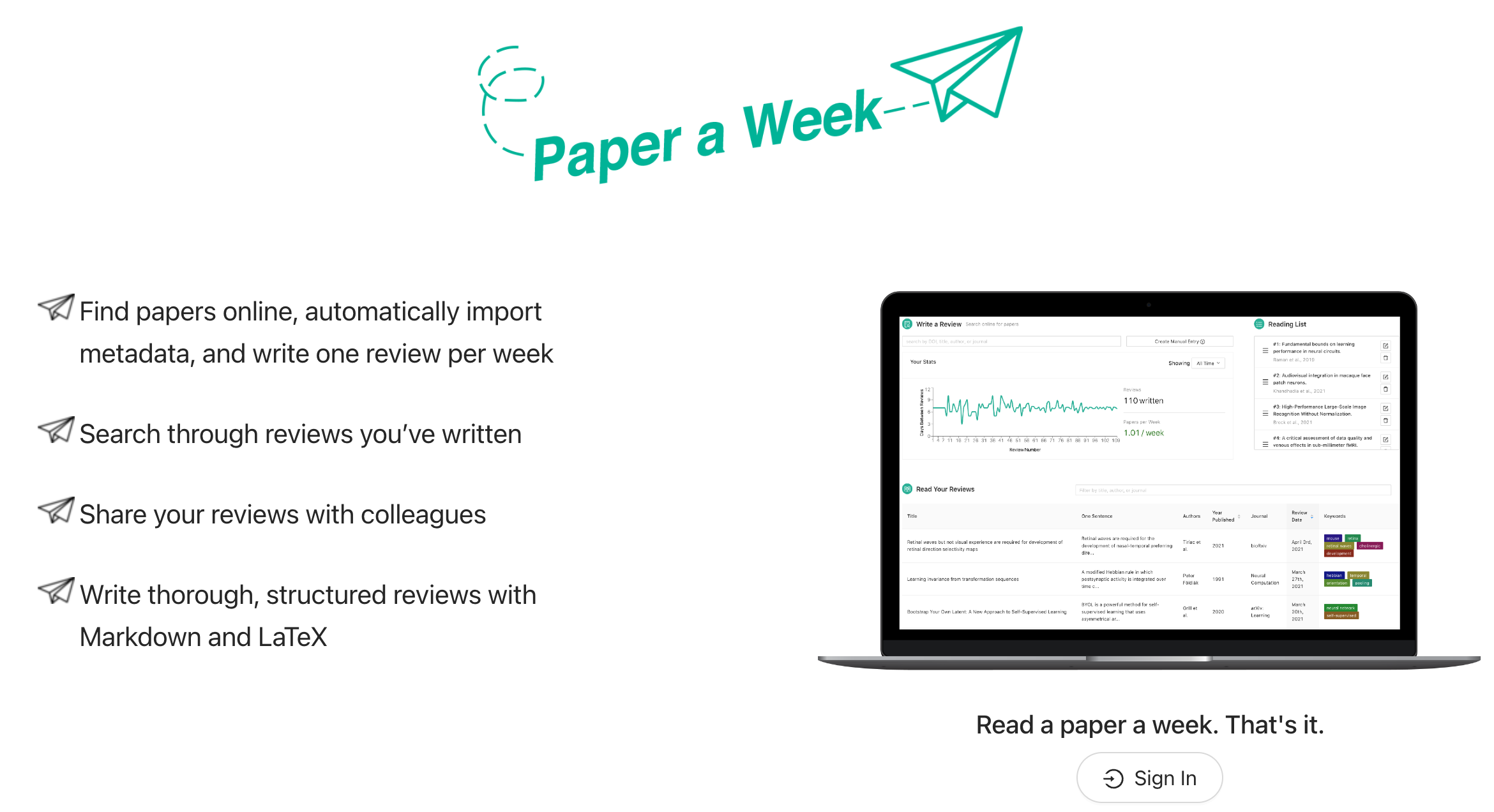 Landing page for the Paper a Week website