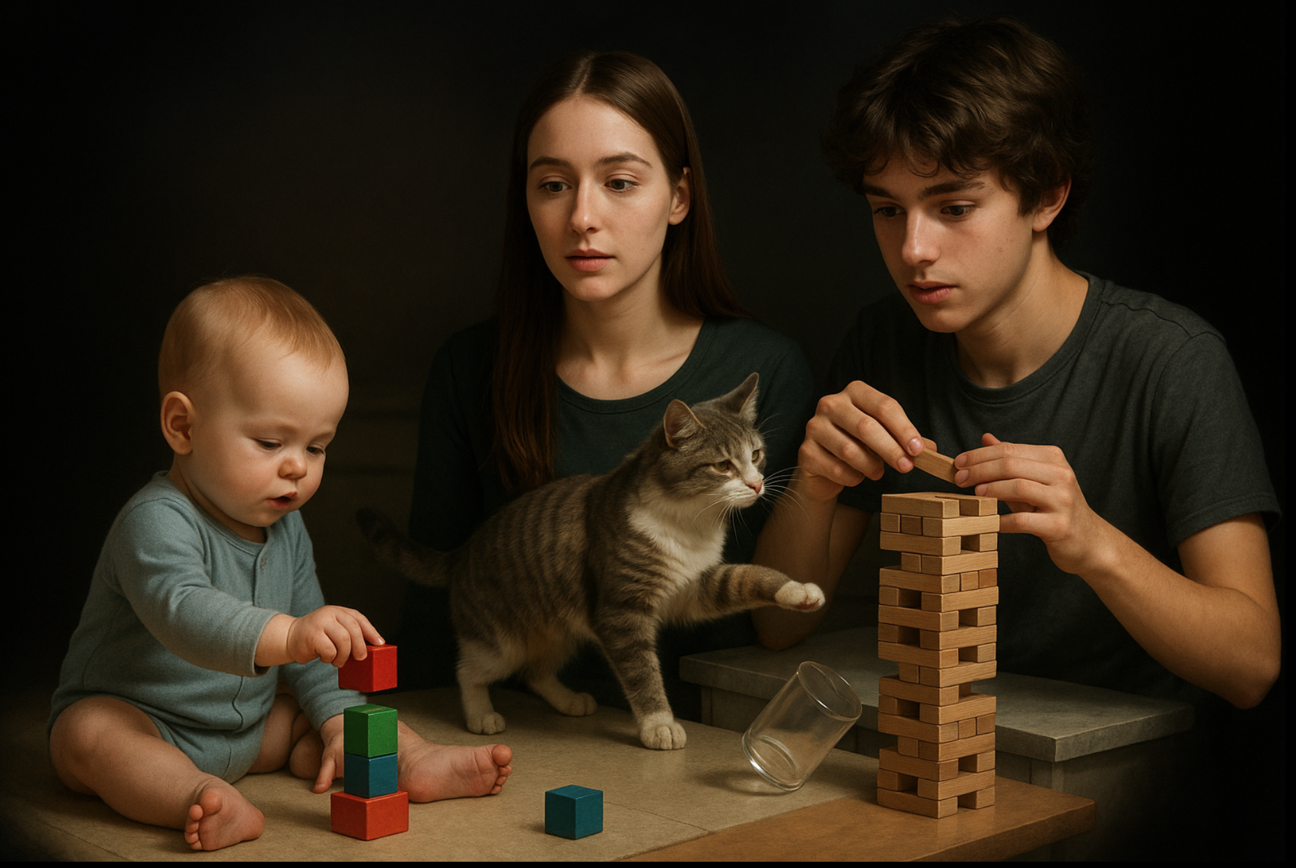 A lifetime spent watching cats maliciously knock things over. Image generated by ChatGPT.